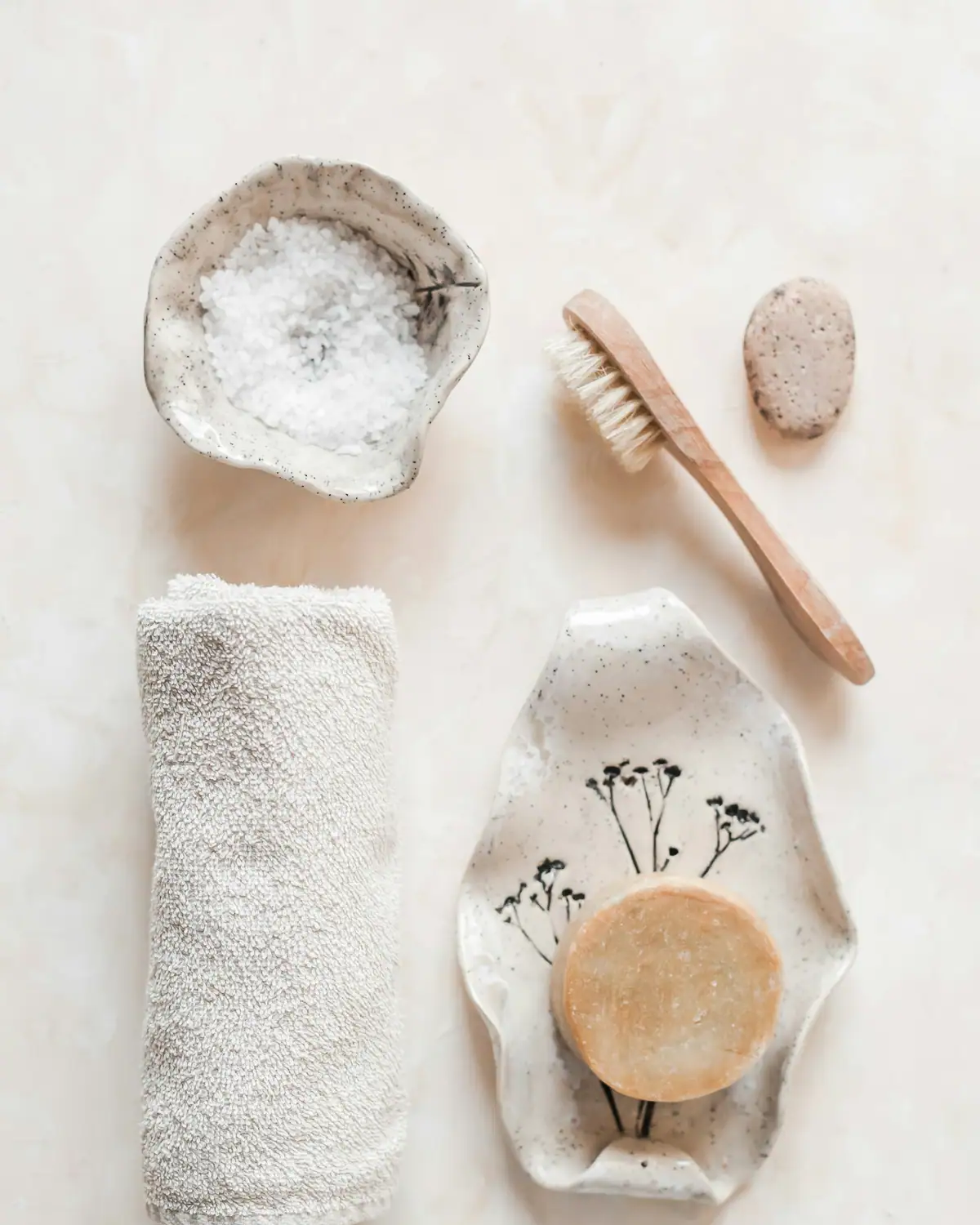 A towel, an herbal brush and soap