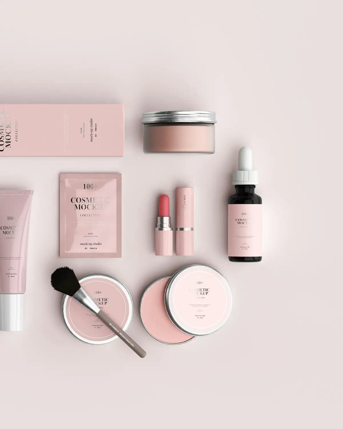 Skin care products on a powder-pink background